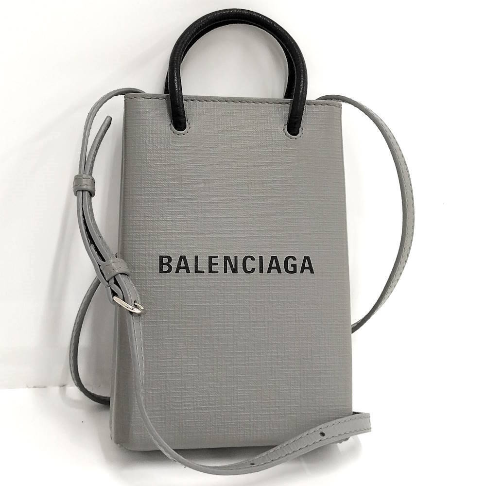 Balenciaga Shopping Phone Holder Shoulder Bag Leather Gray